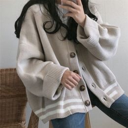 Women Knitted Sweater Autumn Winter Korean style Vintage V-neck oversize Harajuku Solid Colour Plus Size Cardigan Knitwear 201221