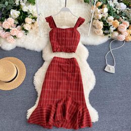 Fashion Women Vintage Two Piece Dress Summer Crop Tops And Midi Skirts Outfits Ladies Elegant Plaid Beach Red 2 Pcs Suits Mujer 2022