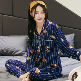 Hot 2019 Spring Autumn Womens Pajama Sets V-Neck Cartoon Long Sleeve Women Sleepwear Pajamas Girls Nightgown for woman Plus Y200708