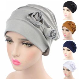 Women Flower Muslim Hair Cap Elastic Fashion Chemo Cotton Head Wrap Solid Color Hat Headwear Turban Caps1