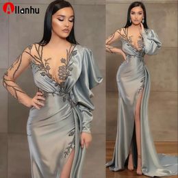 Sexy Silver Sheath Long Sleeves Evening Dresses Wear Illusion Crystal Beading High Side Split Floor Length Party Dress Prom Gowns Open Back Robes De Soirée 2022new