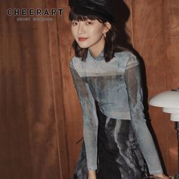 CHEERART Ocean Print Mesh Top Long Sleeve Turtleneck T Shirt Women Sheer Transparent Top Fashion Tee Shirt Aesthetic Clothes 201028
