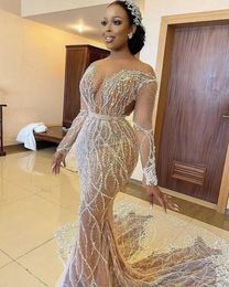 Sparkly Arabic Beaded Mermaid Prom Dresses Long Sleeve Appliqued Sequined Evening Dress Sheer Jewel Neck Party Second Reception Gowns PRO232