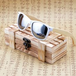 BOBO BIRD Womens Mens Bamboo Wooden Sunglasses White Frame eyewear With Coating Mirrored UV 400 Protection Lenses in Wooden Box J1211