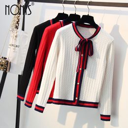 Nonis Woman Thick Winter Autumn Knitted Cardigan Elegant Pearl Button Sweater OL Style Bow Tie Jacket Stripe O Neck Long Sleeve Y200722