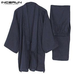 Men's Sleepwear Men Kimono Set Homewear Japanese Style Solid Colour Cotton Tops And Pants Pyjamas Loose Casual Comfy L-5XL
