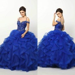 Royal Blue Beaded Prom Dresses Ball Gown Sweet 16 Masquerad Dress Off the Shoulder Blue Luxury Quinceanera Dress