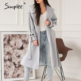 Simplee Elegant light grey autumn winter female long coat Office ladies wool blend overcoat Causal pocket fashion coat jacket 201112