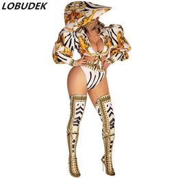 Clubwear Nightclub Bar DJ Singer Dancer Stage Wear Puff Sleeve Tops Shorts Hat Leg Cover Jazz Dance Rave Outfit Women Team Sexy Performance Costume