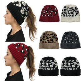Women Beanies Knitted Ponytail Hats Leopard Lady Beanie Tail Messy Soft Bun Knitted Caps Girls Winter Warm Hat 5 Colours DW5959