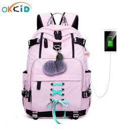 OKKID high school bags for teenage girls large school backpack female travel laptop backpack 15.6 usb charge bag plush ball gift LJ200918