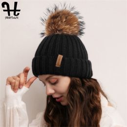 FURTALK for Women Pompom Beanie Knitted Real Raccoon Hat Womens Winter Ski Skullies Beanies Female Fur Cap Y201024