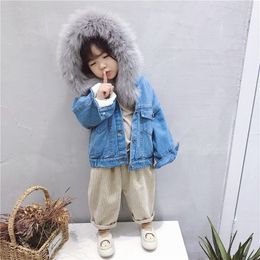 HOT Baby girls autumn and winter jackets velvet thickening children's denim jacket big fur collar toddler girl winter clothes LJ201017