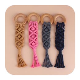 10 Colors Baby Teether Toys Wood Ring Circle Children Diy Creative Handmade Cotton Rope Woven Molar Toys M3063