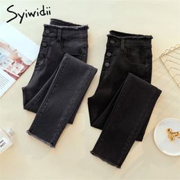 Button High Waist Jeans Womens Clothing Skinny Pencil Pants Denim Stretch Plus Size Grey Black Tassel Washed Summer Solid 201030
