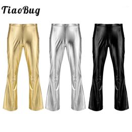 TiaoBug Adult Men Shiny Metallic Disco Pants Male Long Flare Pants Club Festival Rave Trousers Stage Ballroom Jazz Dance Costume1219x