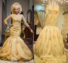 Gold African Traditional Lace Wedding Gowns Jewel Neck 3D floral Beaded Appliques Long Sleeves Tulle Chapel Train nigerian aso ebi Bridal gowns