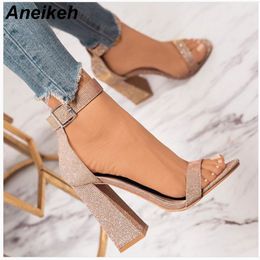 Aneikeh 2019 Classic PU Women Sandals Buckle Strap Round Toe Solid Cover Heel Summer Square High Heels Pale Gold Shallow 35-42 1010