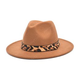 New Leopard Belt Fedoras Hat Women Wool Felt Wide Brim Jazz Hat Vintage Panama Black Cowboy Hat Men Dropshipping