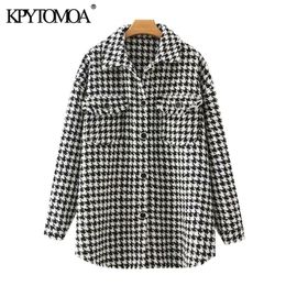 KPYTOMOA Women Fashion Oversized Houndstooth Frayed Tweed Jacket Coat Vintage Long Sleeve Pockets Female Outerwear Chic Top 201112