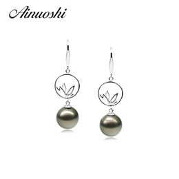 AINUOSHI 925 Sterling Silver Leaves Shaped Pearl Earrings 10.5-11mm Natural Tahitian Black Pearls Round Pearl Wedding Earrings Y200107
