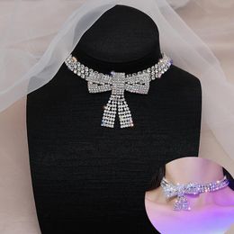 Sexy Full Rhinestone Bow-Knot Choker Necklace For Women Bling 3 Row Iced Out Chain Charm Party Jewelry