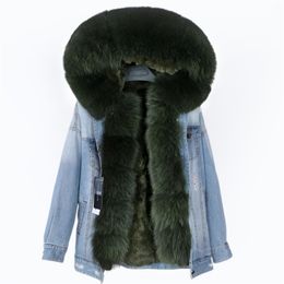 real fur coat big natural fox fur collar winter jacket rabbit fur liner women detachable Denim jacket 201212