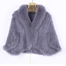Winter Women's Real Rabbit Fur Knitted Fox Collar Jacket Leisure Time Pure Color Fur Coat Women's Fashionable Fur Knit Bat Shirt T200319