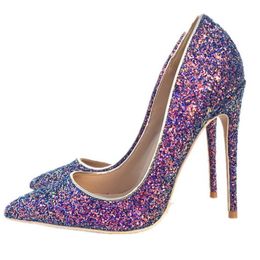 Women Shoes Autumn 2021 New Purple Sequin Gliiter High Heels Pumps Women Thin Heel Boots Sandals 10cm Pointed Toes Bride Party Banquet Shoes