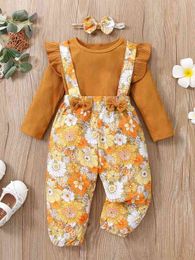 Baby Floral Print Bow Jumpsuit & Ruffle Trim Tee & Headband SHE