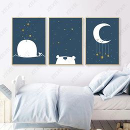 Pinturas fundo azul lona pintura desenhos animados baleia urso estrelado céu lua cartaz impressão arte e papel de parede imagem artesanato kids room
