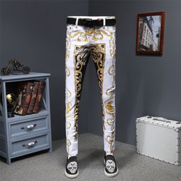 Luxury Gold Print Jean Homme Slim Designer Denims Jeans Men Erkek Kot Pantolon SkinnyGold Denims Stretch Fancy Party Trousers 201116