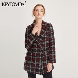 KPYTOMOA Women Fashion Double Breasted Tweed Plaid Loose Blazer Coat Women Vintage Long Sleeve Pocket Female Outerwear Chic Tops 201201