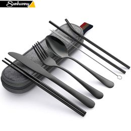 Dinnerware Set Travel Cutlery Set Camping Tableware Reusable Utensils Set with Spoon Fork Chopsticks Straw and Portable Case Y200111