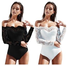 Women's Bodycon Long Sleeve Jumpsuit Romper Leotard Club Body Tops Lady Sexy Off Shoulder Embroidery Mesh Lace Skinny Bodysuit T200704