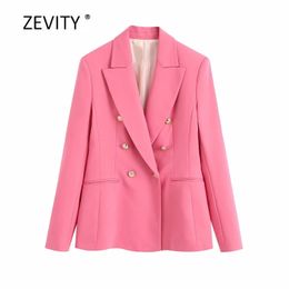 Zevity women elegant Double breasted suit coat office ladies notched collar golden buckles blazer business casual coat tops C524 201023