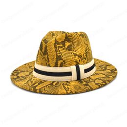 Fashion Snake Print Fedora Hat Women Autumn Winter Wool Large Brim Ribbon Cowboy Hat Men Retro Jazz Cap