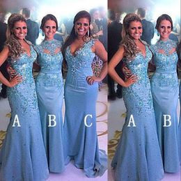 New Different Styles Bridesmaid Dresses For Weddings Lace Appliques Crystal Beads Sky Blue Mermaid Party Floor Length Maid Honour Gowns 0417