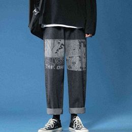 Cartoon printed jeans 2021 men's spring ins trend elastic waist Korean trousers casual loose wide-leg pants autumn black 0309