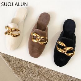 SUOJIALUN Women Winter Warm Plush Slippers Round Toe Slip On Mules Shoes Fashion Metal Buckle Flat Heel Casual Home Slides Mujer X1020