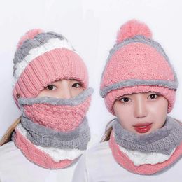 Women Winter Beanies Knitted Thick Hat With Warm Mask Neck Scarf Driver Windstop Hat Sets H030