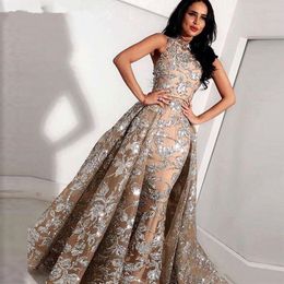 Sparkle Arabic Dubai Kaftan Champagne Long Evening Dresses With Detachable Overskirt Trains Shiny Sequins Formal Celebrity Prom Party Gowns