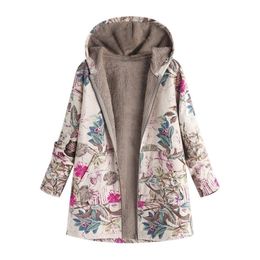 Women's Spring Autumn Jacket Women Female Windbreaker Jacket Plush Coat Outwear Floral Print Hooded Pockets Vintage Coats 201026