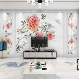 Custom Mural Waterproof Canvas Marble Pattern New Chinese Style Flowers Birds TV Background Wall Painting Wallpaper Living Room