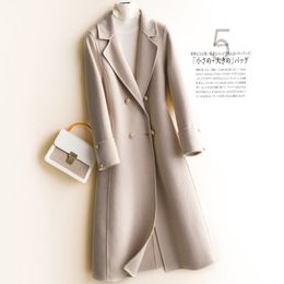 Double-faced cashmere coat female long section Korean version of pure wool waist thin en women T200114