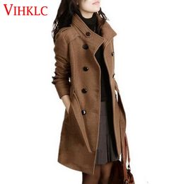 Women Trench Woollen Coat Winter Slim Double Breasted Overcoat s Long Outerwear for Plus Size Y707 201102