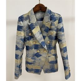 HIGH QUALITY New Fashion 2020 Designer Blazer Jacket Women's Lion Metal Buttons Double Breasted Colors Painting Jacquard Blazer LJ200911