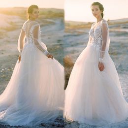 Pretty A Line Country Tulle Wedding Dresses Appliques Floral Lace Illusion Long Sleeves Outdoor Bridal Gowns Sheer Boho Beach Wedding Dress