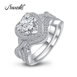 AINUOSHI 2ct Heart Cut Halo Bridal Ring Set Simulated Diamond Engagement Wedding Sterling Silver Ring Flower Jewellery for Women Y200107