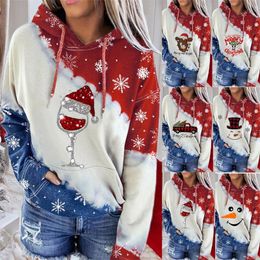 1pc Ladies Christmas Wine Glass Snowman Printed Color Block Hooded Long Sleeve Pullover Casual Sweatshirt Top Many stylesc50 201112